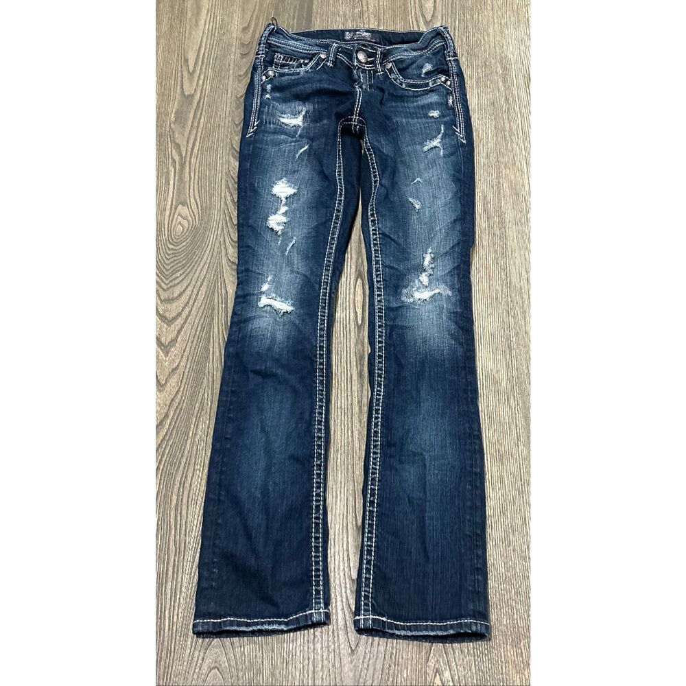 Silver Jeans Co. Womens Aiko Baby Boot Jeans Low Rise Distressed Blue Size 25x33